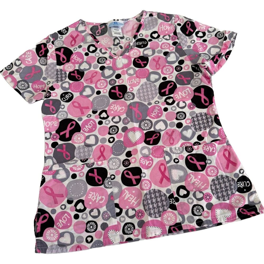 Women's Scrub Top XS Breast Cancer Awareness Hearts Love Heal Medical RN LPN CNA